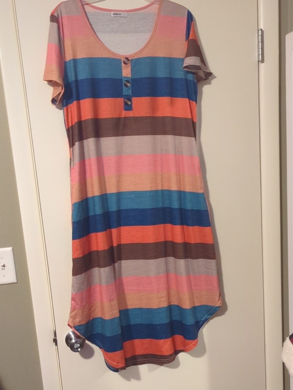 Striped Short Sleeve Midi Dress in Blue, Orange, Pink, Tan & Brown